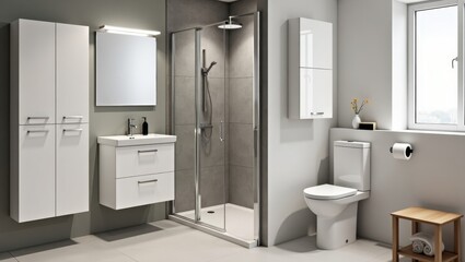 Modern white bathroom suite with shower and toilet.