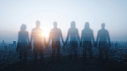 A blurred silhouette quintet holds hands against sunrise, symbolizing unity on World Peace Day, ethereal bonds in urban dawn