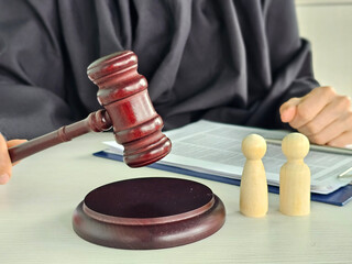 Court session featuring a judge gavel and wooden figures representing parties in a legal case...