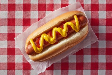 Classic summer nostalgia with vibrant mustard and ketchup spirals on a hot dog, perfect for National Hot Dog Day