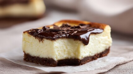 Decadent cheesecake square adorned with luxurious dark chocolate, embodying sweet indulgence for National Dessert Day and Chocolate Week aficionados