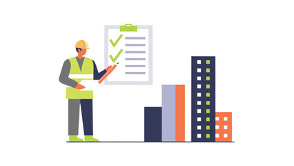 Construction worker with checklist and buildings in the background illustration vector design
