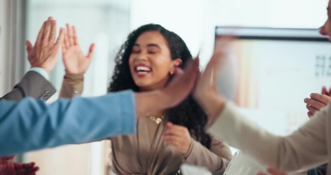 Happy, applause and group in boardroom, meeting and good news for deal with clients and achievement. Clapping, people and high five for accomplishment in office, celebration and success of project