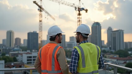 Construction workers observing a city skyline with cranes at sunset.