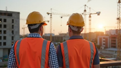 Construction workers observing a site at sunset with cranes in the background.