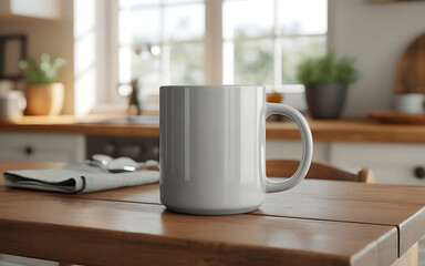 A plain light gray ceramic mug sits on a wooden table in a bright kitchen with a blurred background
