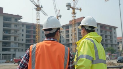 Two construction workers observing a building site with cranes and ongoing work.