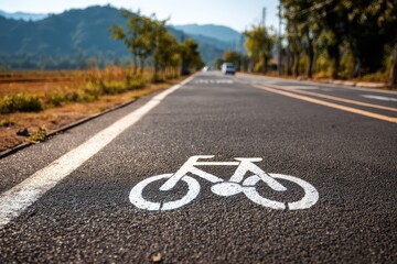 White bike sign on pavement rural road with distant car