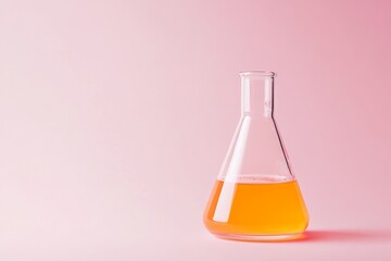 Clear glass beaker filled with orange liquid against a pastel pink background.