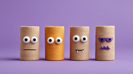 Googly-eyed tube creatures on purple canvas, embracing whimsical absurdity, perfect for quirky Halloween crafts or April Fools decor