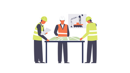 Obraz premium Three construction workers reviewing a blueprint with a crane illustration in the background