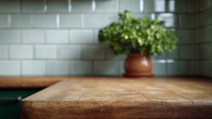 Cozy kitchen countertop whispers rustic nostalgia with lush potted basil, ideal for Pi Day baking or World Herb Garden Week