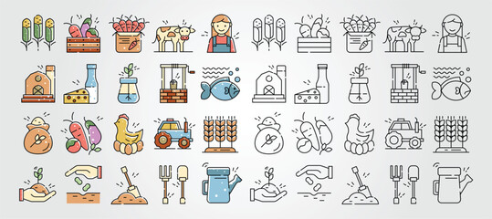 set of Agriculture displays various icons representing farming and products related to agricultural industry effectively.