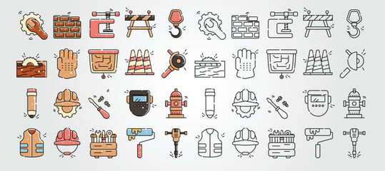set of Construction industry icons depict building engineering safety and maintenance equipment vital to the trade.