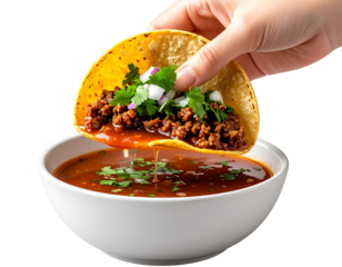 Single Birria Taco Held in Hand with Dripping Consommé