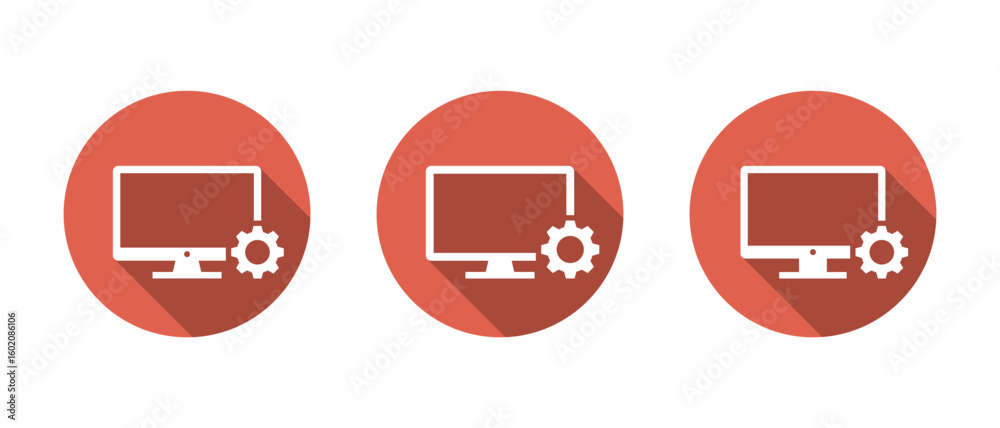 Poster Desktop computer with settings gear. PC system control and technical setup concept with long shadow