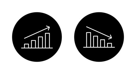 Outline bar chart icon with upward and downward trend arrow. Uptrend and downtrend business graph symbol in black circle