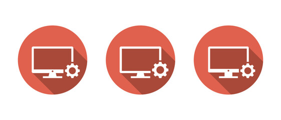 Desktop computer with settings gear. PC system control and technical setup concept with long shadow