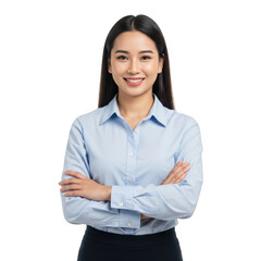 Smiling young asian woman wearing a light blue collared shirt with arms crossed confidently isolated on transparent background