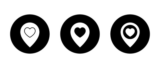 Love marker icon set in black circle. Location pin with heart symbol. Favorite or romantic place concept