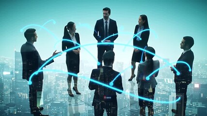 Diverse Business Team Meeting at Night with Cityscape Background and Digital Network Overlay in Formal Attire - Powered by Adobe