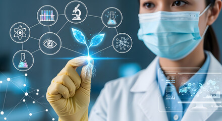 Biotechnology researcher analyzing a genetically modified plant sprout with a futuristic interface.