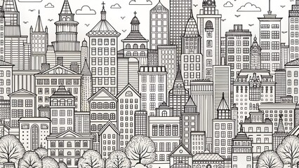 Detailed Cityscape Illustration with Buildings Trees Clouds and Birds in Black and White new 2025 trendy  seamless digital interior design pattern
