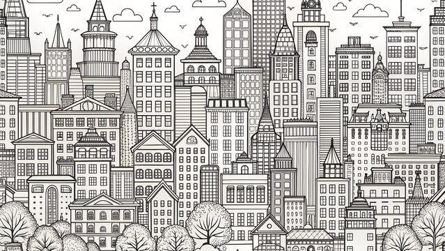 Detailed Cityscape Illustration with Buildings Trees Clouds and Birds in Black and White new 2025 trendy  seamless digital interior design pattern