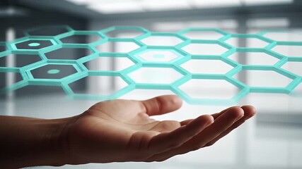 Hand Displaying Holographic Teal Hexagonal Grid in a Bright Modern Room Innovative Technology Concept - Powered by Adobe