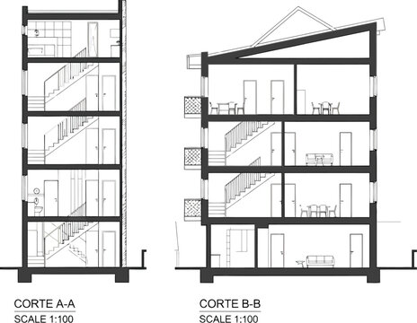 Architectural cross sections of a modern multi story building