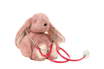 Stuffed bunny with stethoscope for fun, isolated on white, PNG