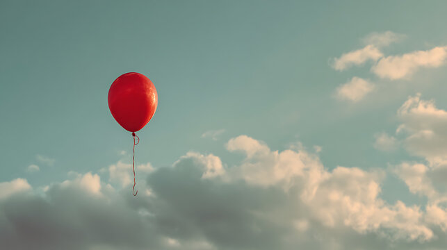 Red balloon floating in cloudy sky symbolizing freedom and hope