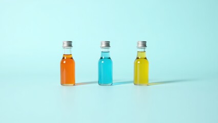 Obraz premium Three small bottles of colored liquid against a light teal background
