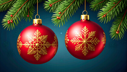 Red Christmas baubles on fir branch.