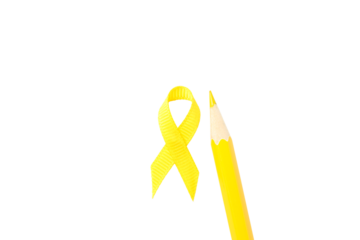 Yellow ribbon shows hope; pencil aids creativity, isolated on white, PNG