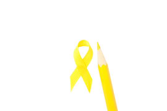 Yellow ribbon shows hope; pencil aids creativity, isolated on white, PNG - Powered by Adobe