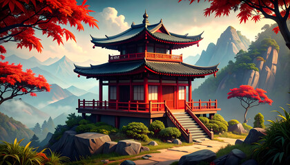 Red Pagoda with Autumn Mountains.