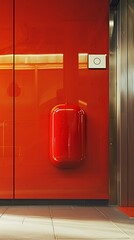 Red Fire Extinguisher: An essential red fire extinguisher, mounted on a sleek red wall, a symbol of safety and emergency preparedness in a modern environment.