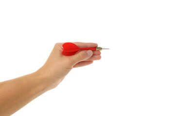 Hand gripping a red dart poised for a throw, isolated on white, PNG