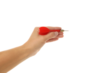 Hand gripping a red dart poised for a throw, isolated on white, PNG