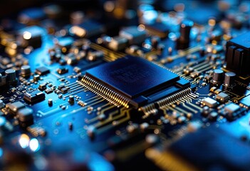 Close-up of a central processing unit (CPU) integrated into a complex circuit board, illuminated with cool blue light, showcasing intricate circuitry and numerous electronic components