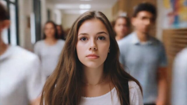 A young woman with long brown hair is walking down the hallway, surrounded by people who appear to be moving around her