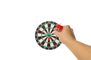 Obraz premium A hand skillfully aims a dart at a dartboard, isolated on white, PNG