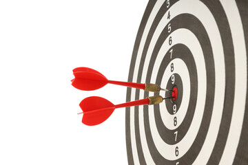 Two red darts hit the target's center, isolated on white, PNG