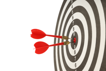 Two red darts hit the target's center, isolated on white, PNG