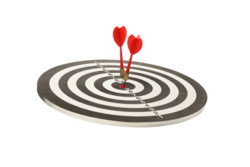 Two darts strike the center of a bullseye target, isolated on white, PNG