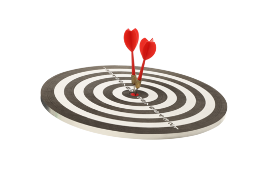 Two darts strike the center of a bullseye target, isolated on white, PNG