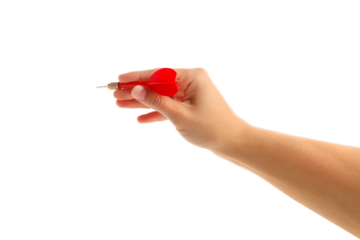 Hand grips a red dart, poised for a throw, isolated on white, PNG
