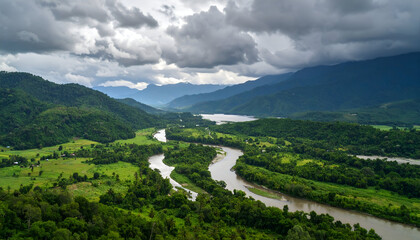 River Valley Landscape with Cloudy Sky.