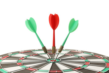 Darts hit the bullseye during a game, isolated on white, PNG